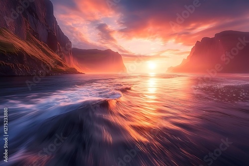 A serene river flowing gently past terracotta-colored cliffs under a radiant sunset photo