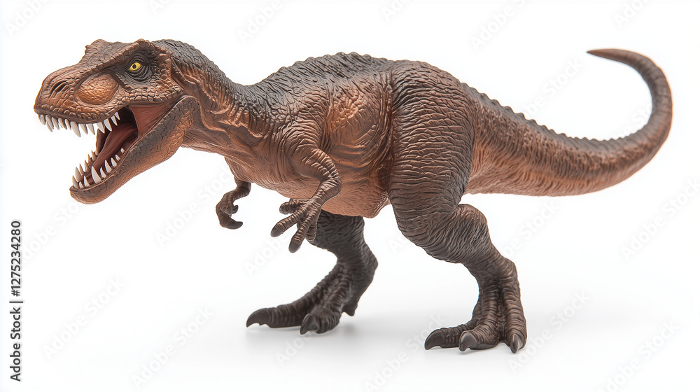 Menacing T-Rex Dinosaur Figurine in Extreme Close-Up: Razor-Sharp Teeth Against Pristine White Background Menacing T-Rex Dinosaur Figurine in Extreme Close-Up: Razor-Sharp Teeth Against Pristine White Background