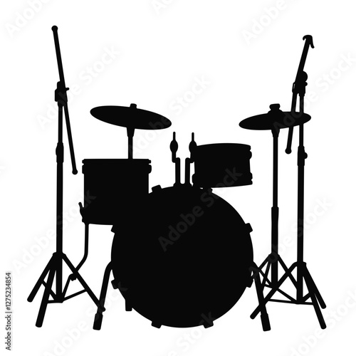 Silhouette of a drum set in a recording studio, musical creation