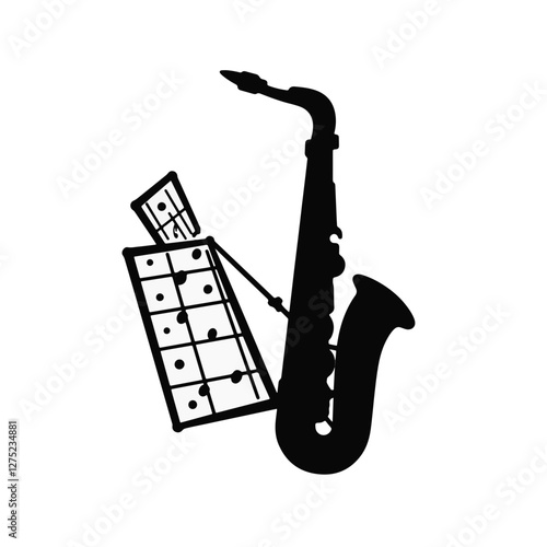 Saxophone silhouette with sheet music on white background, musical art