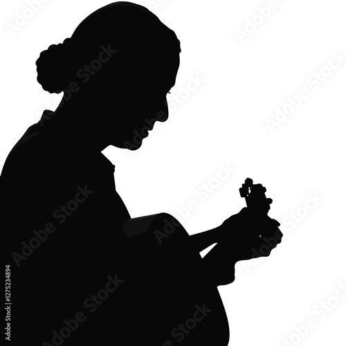 Elderly Asian woman playing guitar silhouette, musical expression