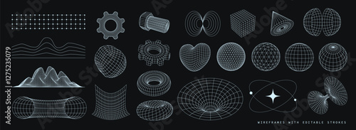 undefinedFuturistic 3D wireframe geometric shapes cyberpunk and psychedelic, sci-fi, Y2K icons set. Editable strokes. Vector design elements on dark background.