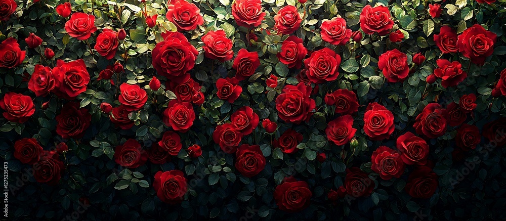 Lush red roses blooming vibrantly against a dark background, creating a romantic atmosphere