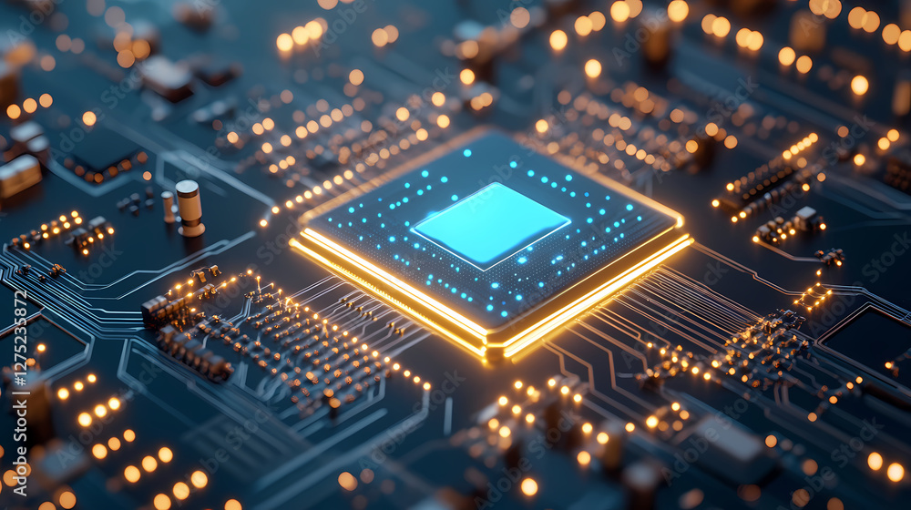 Macro Shot of Circuit Board with Blue-Gold Chip Macro Shot of Circuit Board with Blue-Gold Chip