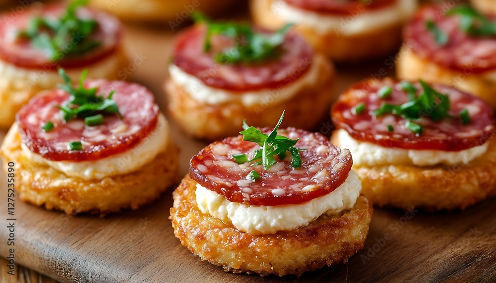 Appetizer Crostini with Sausage & Cream Cheese on Wooden Board Appetizer Crostini with Sausage & Cream Cheese on Wooden Board