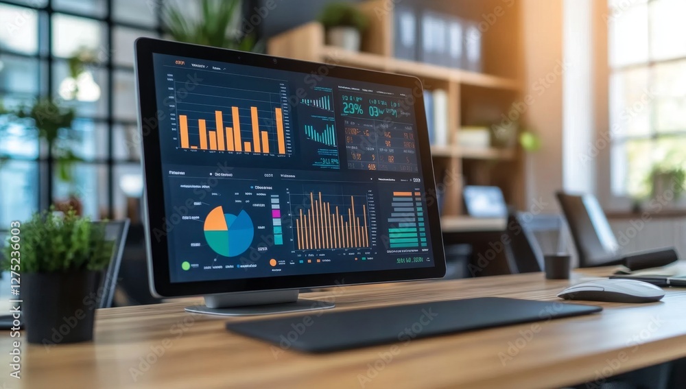 Data analysis dashboard on office desk, charts, modern workplace Data analysis dashboard on office desk, charts, modern workplace