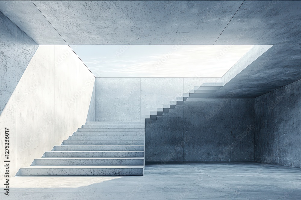 Modern Concrete Architecture with Open Staircase and Natural Light in Minimalist Interior Space Modern Concrete Architecture with Open Staircase and Natural Light in Minimalist Interior Space