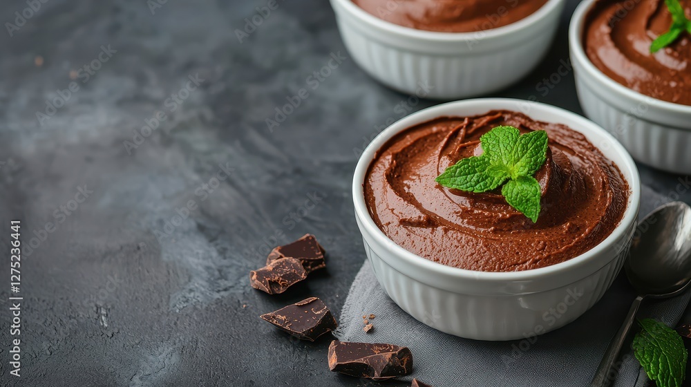 A rich chocolate mousse garnished with fresh mint, served in elegant ramekins, showcasing a decadent dessert on a dark background. A rich chocolate mousse garnished with fresh mint, served in elegant ramekins, showcasing a decadent dessert on a dark background.