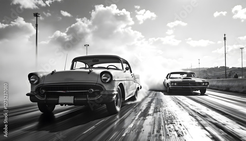 Classic Cars Drag Racing on Asphalt in Black and White