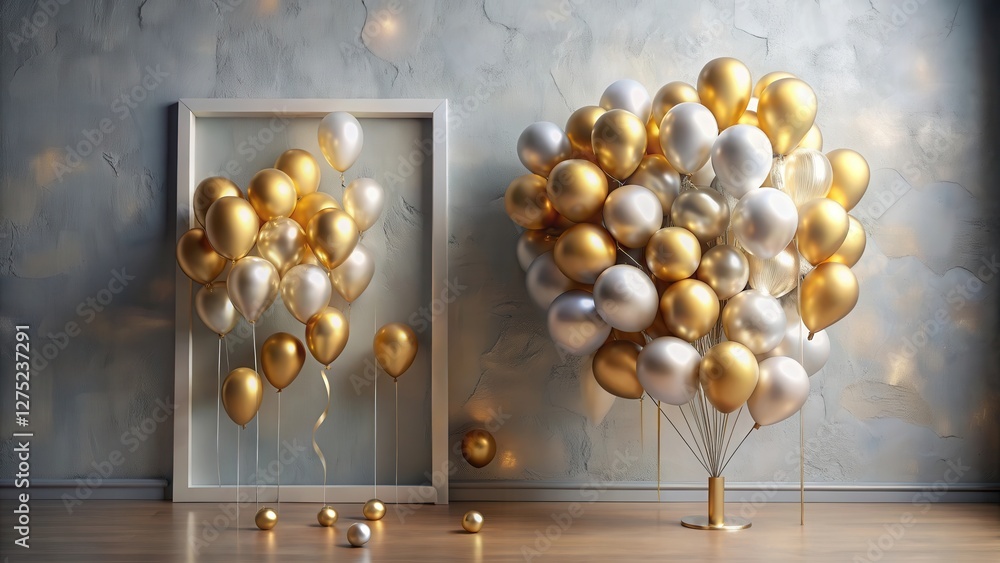 Naklejka premium Elegant Celebration A Festive Arrangement of Gold and Silver Balloons Against a Textured Wall