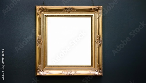 Isolated Classic Gold Frame in Dark Background White Mockup Against Elegant Wooden Square Louvreinspired Design, Perfect for Artwork or Home Decor photo