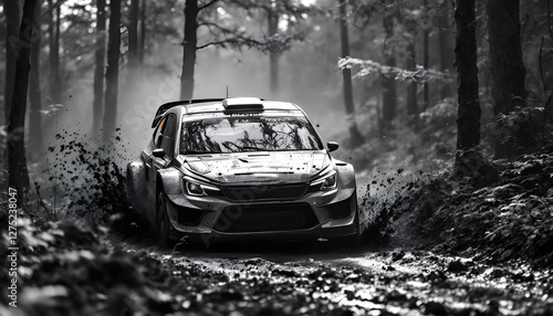 Rally Car Racing Through Muddy Forest Road in Black and White