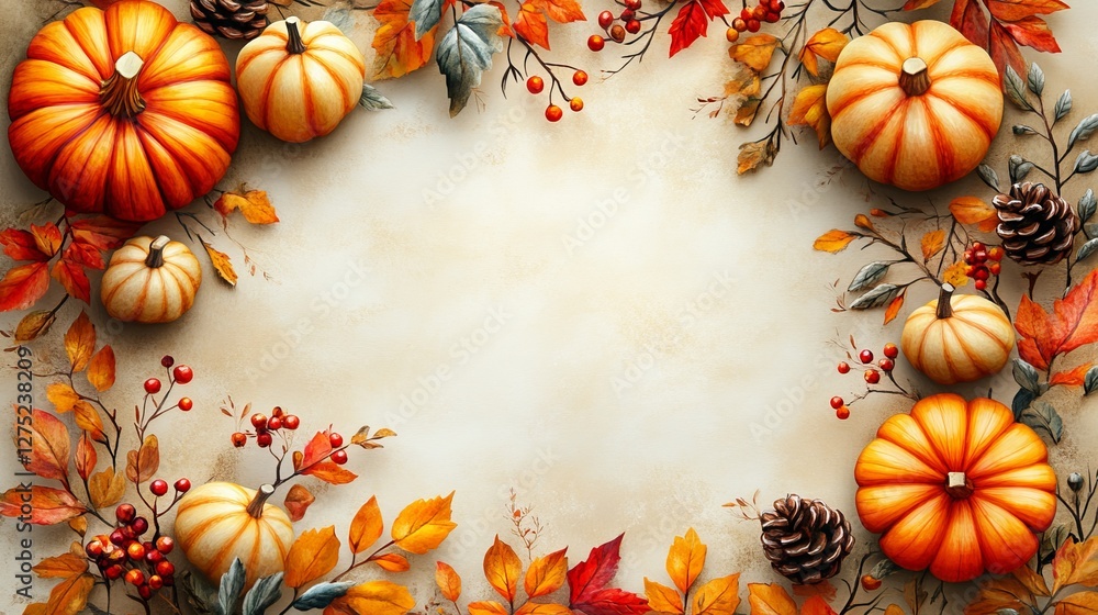Fototapeta premium A Beautifully Arranged Frame of Vibrant Pumpkins and Colorful Autumn Leaves Creating an Inviting and Festive Atmosphere Perfect for Celebrating the Fall Harvest Season Outdoors