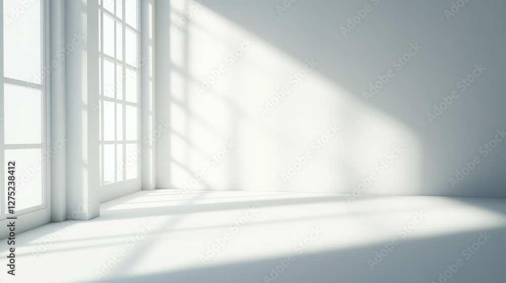 Obraz premium The minimalist, empty interior of the building now has sunlight streaming in from Windows