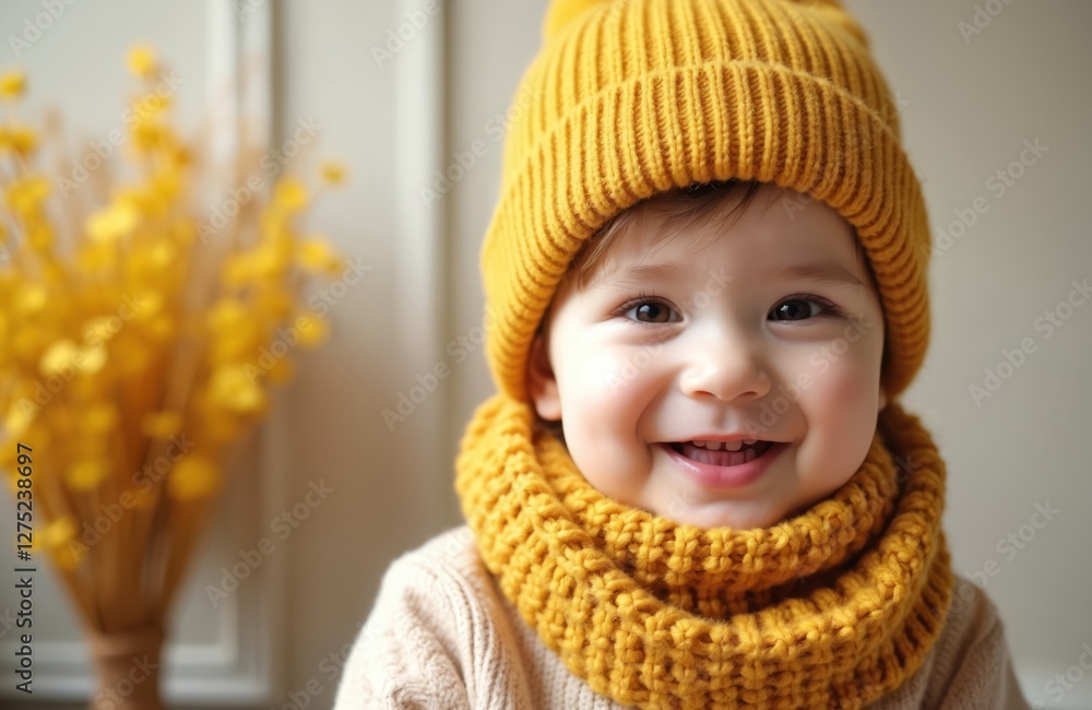 Cute toddler smiles in yellow knit hat, snarf. Joyful child in winter clothes on blurred background. Happy kid expresses health, warmth, care concept. Cute toddler smiles in yellow knit hat, snarf. Joyful child in winter clothes on blurred background. Happy kid expresses health, warmth, care concept.