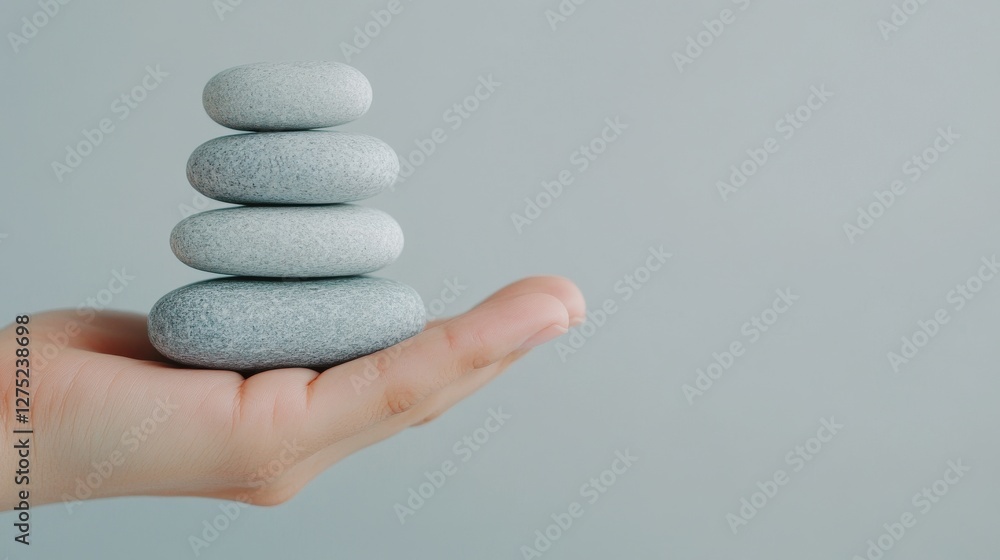 Close-Up of a Hand Stacking Balanced Stones to Represent Mindfulness and Emotional Stability Close-Up of a Hand Stacking Balanced Stones to Represent Mindfulness and Emotional Stability