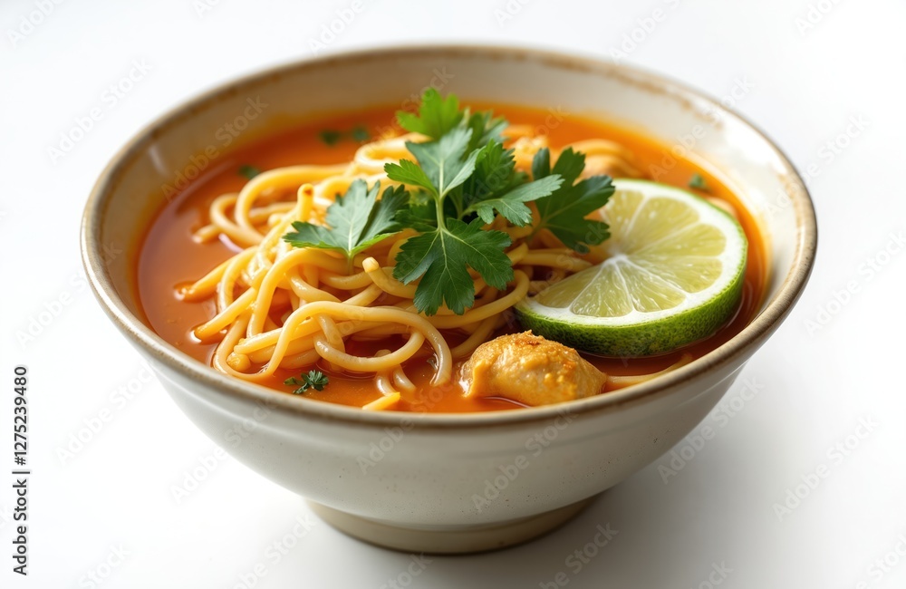 Khao soy, curried noodle soup with chicken, Thai cuisine on white background. Includes pasta spaghetti, parsley, green lime. Delicious healthy lunch bowl, oriental traditional plate. Khao soy, curried noodle soup with chicken, Thai cuisine on white background. Includes pasta spaghetti, parsley, green lime. Delicious healthy lunch bowl, oriental traditional plate.