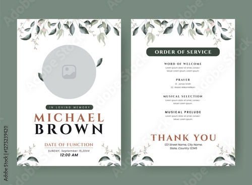 Funeral  Template for Memorial Program. Minimalist Bifold Brochure Design Layout.