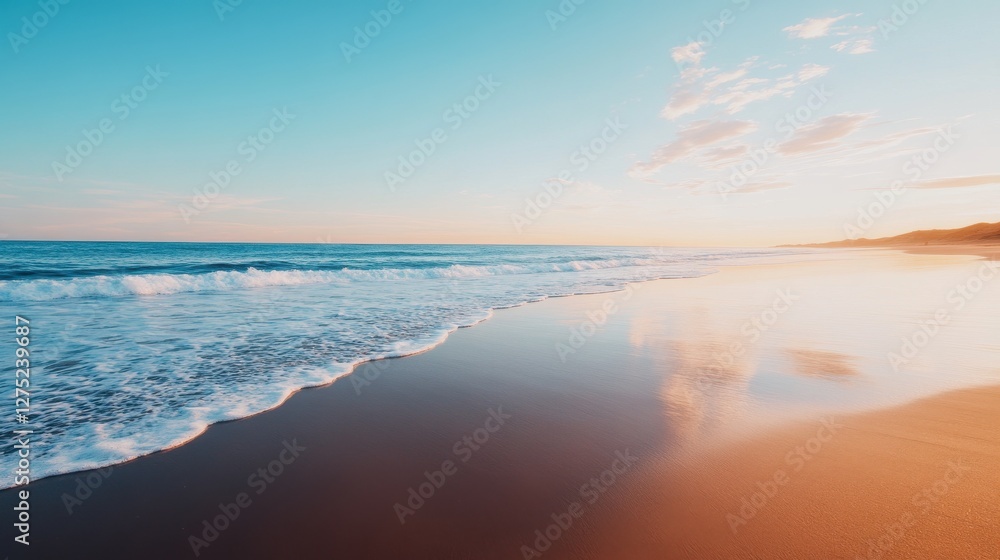 Obraz premium Serene Minimalist Beach Scene at Twilight with Gentle Waves Reflecting Warm Tones of the Setting Sun Over the Tranquil Horizon