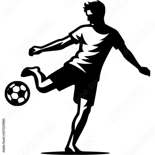 Tattoo emblem of beach soccer player swung to kick a ball that bounced awkwardly in monochrome. Engraving minimalistic vector in black ink drawing on transparent background