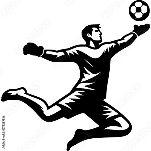 Tattoo emblem of beach soccer goalkeeper jumps and reaches for ball as it flies into goal in monochrome. Engraving minimalistic vector in black ink drawing on transparent background