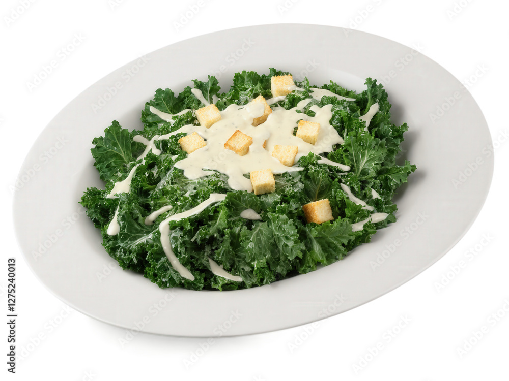 Kale Caesar Salad Chopped kale mixed with crispy croutons, Parmesan cheese, and a tangy Caesar dressing. The kale is massaged Kale Caesar Salad Chopped kale mixed with crispy croutons, Parmesan cheese, and a tangy Caesar dressing. The kale is massaged