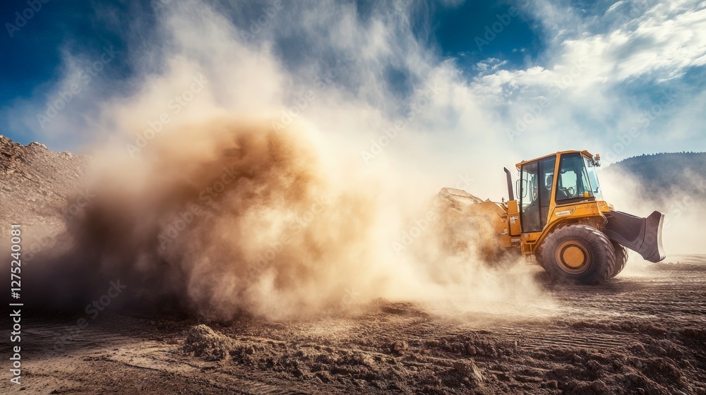 Fototapeta premium Heavy Machinery Creating Dust Cloud on Construction Site