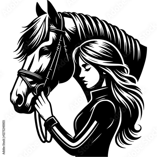 Tattoo emblem of girl jockey putting bridle and harness on young stallion in monochrome. Engraving minimalistic vector in black ink drawing on transparent background