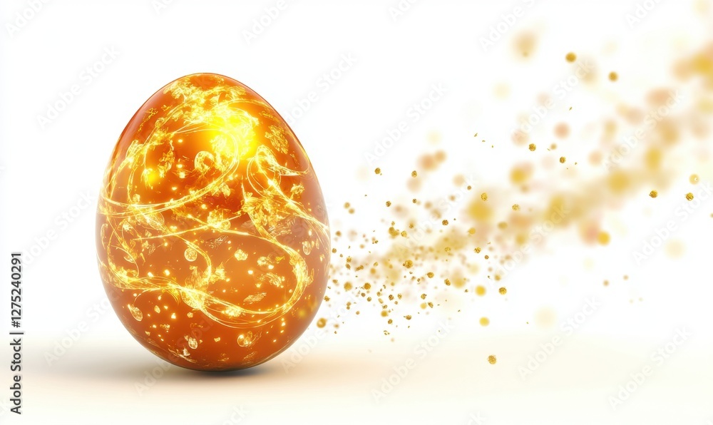 Glowing golden egg with sparkling trails on a white background, symbolizing magic and celebration