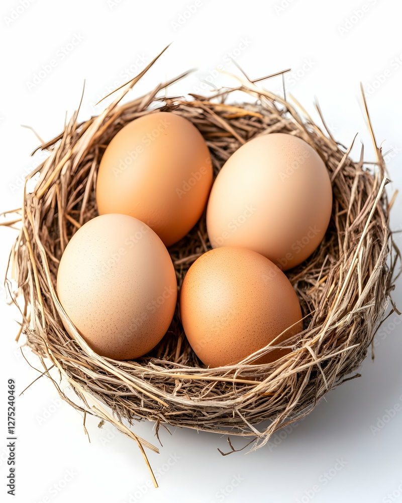 Four eggs in bird's nest, white background, spring, food Four eggs in bird's nest, white background, spring, food