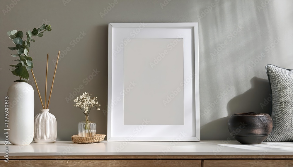 Modern Minimalist Vertical White Poster Frame Mockup in a Contemporary Living Room Perfect for Digital Art, Home Decor, or Design Inspiration Modern Minimalist Vertical White Poster Frame Mockup in a Contemporary Living Room Perfect for Digital Art, Home Decor, or Design Inspiration