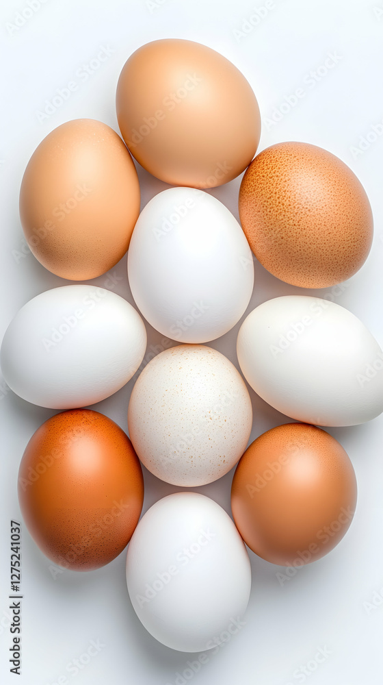 Fresh eggs arranged on white background. Food photography for recipe blogs or cookbooks Fresh eggs arranged on white background. Food photography for recipe blogs or cookbooks
