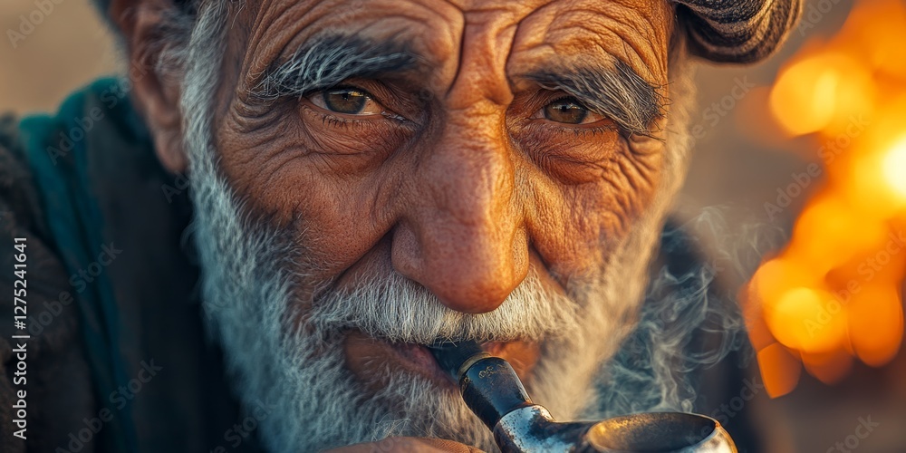 Elderly saudi arabian man smoking traditional pipe by the fire Elderly saudi arabian man smoking traditional pipe by the fire