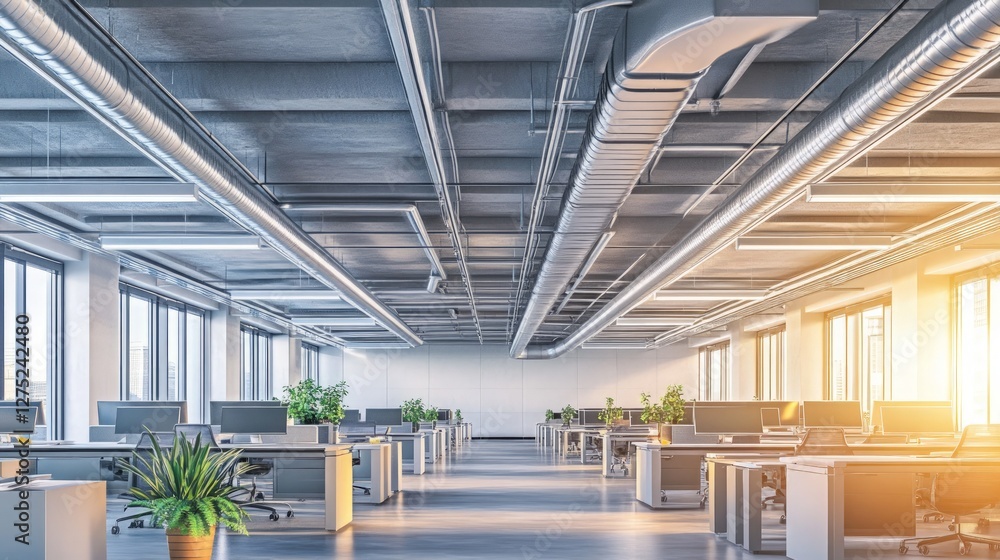 Obraz premium Modern Open Office Space with Bright Windows and Green Plants
