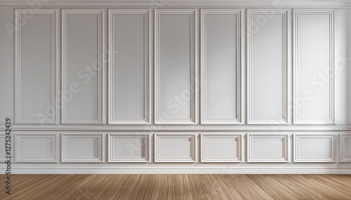 Contemporary Classic Interior with Wall Panels  Molding  and Wooden Floor A Timeless Beauty in Clean White and Warm Lighting  Evoking a Sense of Elegance and Serenity