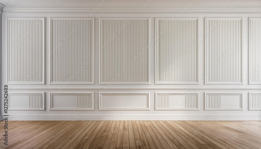 Modern Classic Empty Interior Striking White Space with Wall Panels, Molding, and Rich Wooden Floor in a Timeless Aesthetic, Exuding Tranquility and Simplicity. Modern Classic Empty Interior Striking White Space with Wall Panels, Molding, and Rich Wooden Floor in a Timeless Aesthetic, Exuding Tranquility and Simplicity.