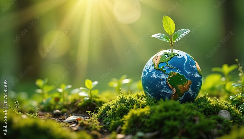 Earth Day concept. Globe with green plant sprout on mossy surface, sunbeams. Eco awareness of social environment, corporate governance, love for nature. Earth Day concept. Globe with green plant sprout on mossy surface, sunbeams. Eco awareness of social environment, corporate governance, love for nature.