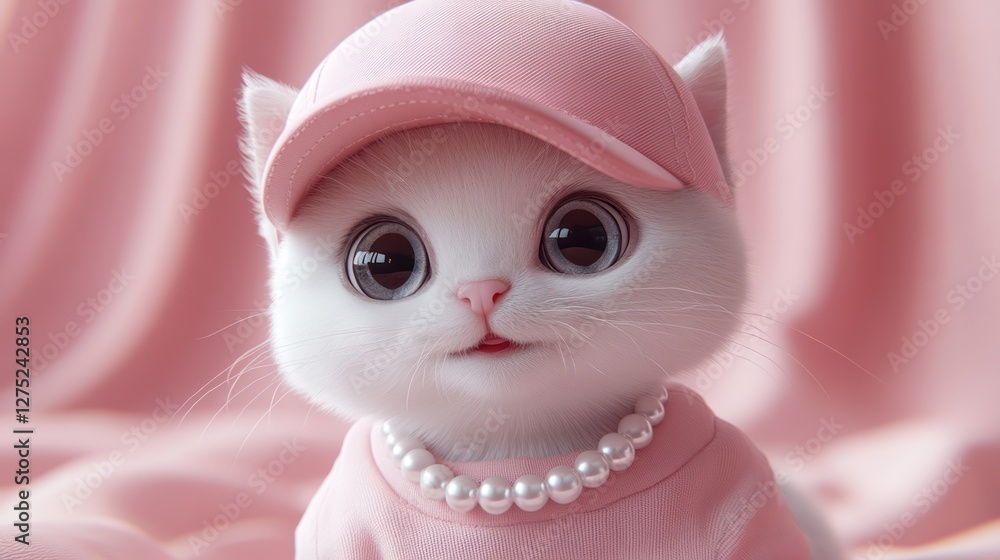 Obraz premium Cute kitten pink hat studio portrait, fabric background, pet fashion