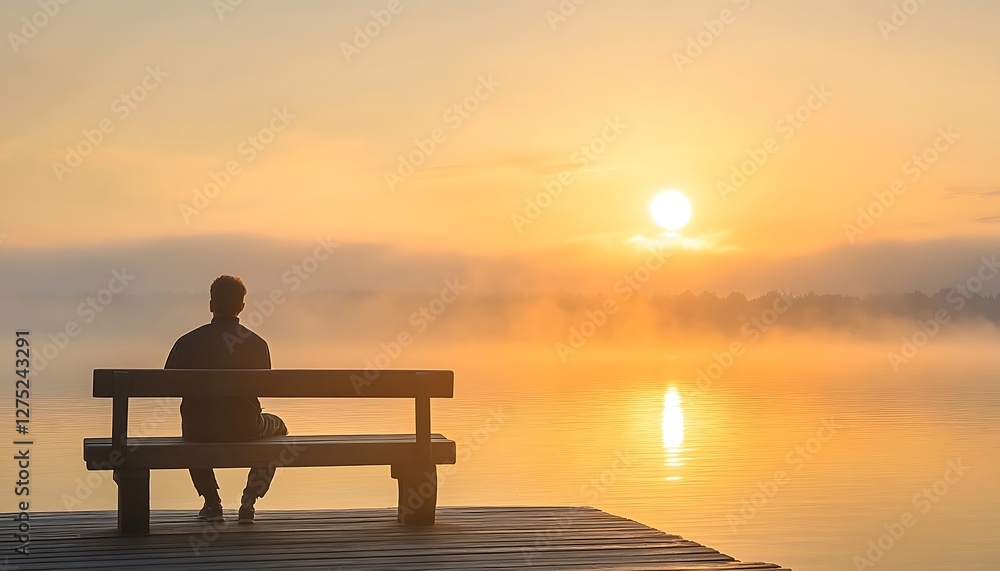 Man sits alone on dock at sunrise, peaceful lake view. Possible use stock photo Man sits alone on dock at sunrise, peaceful lake view. Possible use stock photo