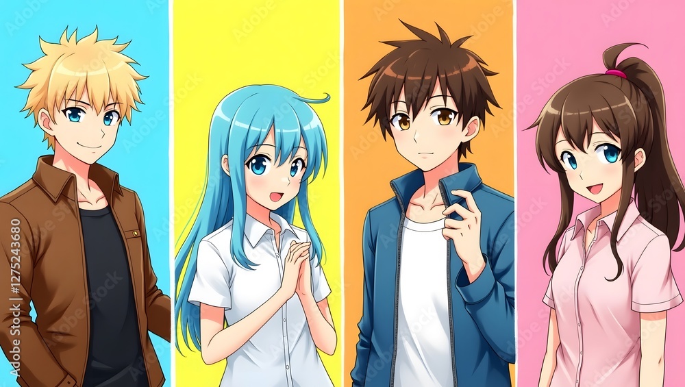 An anime-style illustration featuring four young characters, two males and two females, each set against vibrant, colorful backgrounds An anime-style illustration featuring four young characters, two males and two females, each set against vibrant, colorful backgrounds