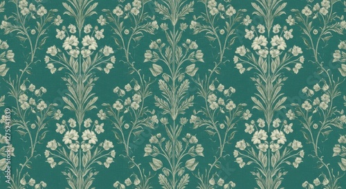 Floral pattern, white flowers, green background, vintage botanical illustration, symmetrical design, delicate petals, decorative wallpaper, Victorian style, elegant motif, seamless repeat, soft contra
