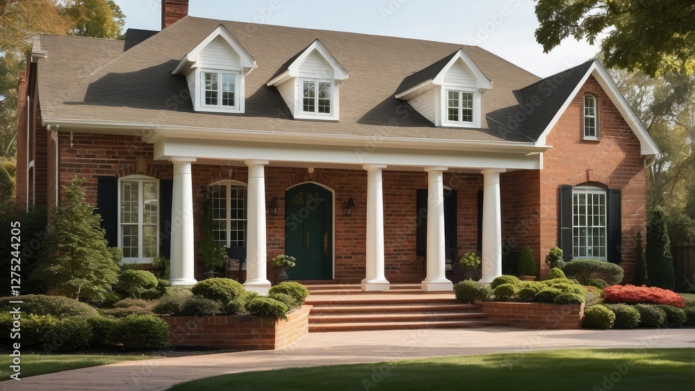 A stately brick colonial house surrounded by lush greenery and neatly trimmed hedges. A stately brick colonial house surrounded by lush greenery and neatly trimmed hedges.