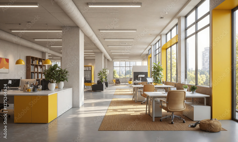 Fototapeta premium Smart office with digital assistants, ergonomic seating, and creative workstations. The office includes digital assistants that manage tasks, ergonomic seating for long hours,