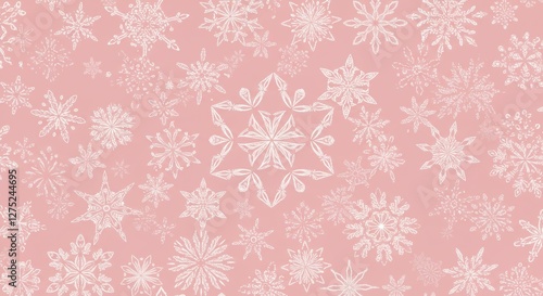 Delicate snowflake pattern, soft pink background, intricate floral motifs, symmetrical design, vintage wallpaper style, pastel colors, repeating geometric shapes, lace-like details, elegant winter the