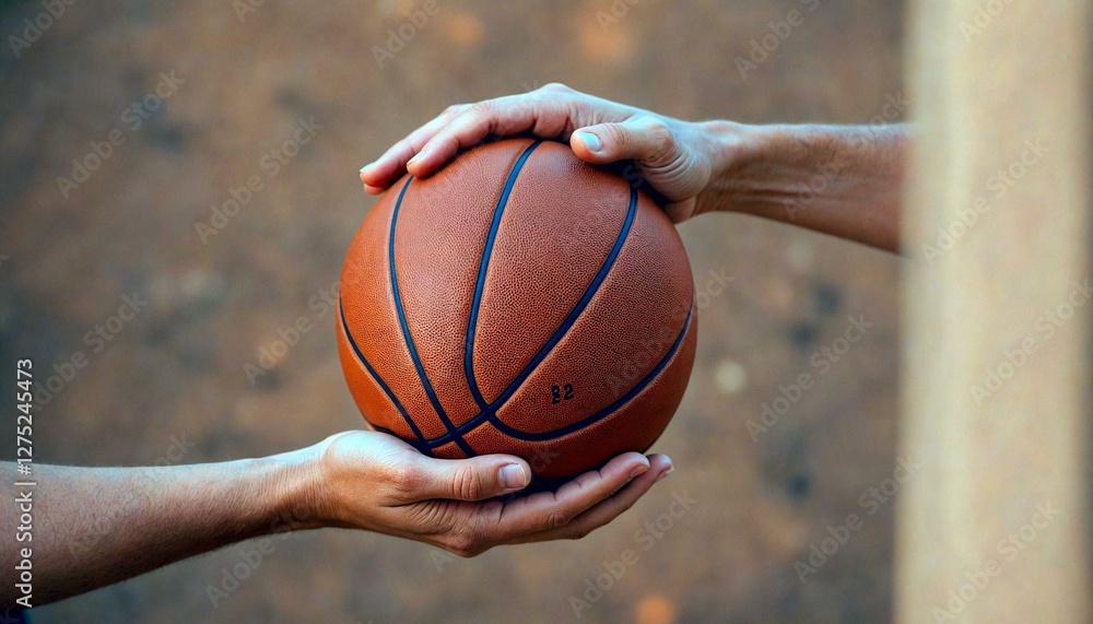 Fototapeta premium Hands holding basketball on blurred background