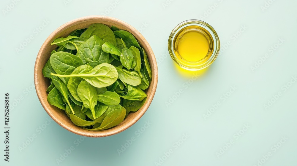 Obraz premium Leafy greens style. Fresh spinach leaves in a bowl with olive oil on a light background.