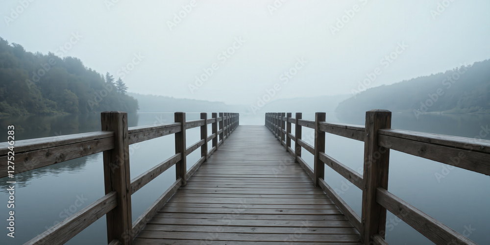 Fototapeta premium Lonely wooden bridge over a misty river for tranquil and meditative visuals. A weathered wooden bridge arches gently over a calm, mist-covered river.