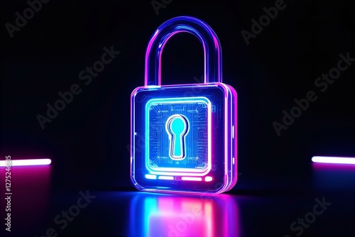 Neon Cyber Security Lock Illustration: Digital Safety, Data Protection, Futuristic Technology, Glowing Padlock on Black Background