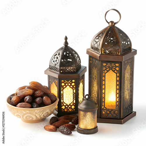traditional Ramadan Kareem arrangement featuring ornate lanterns and fresh dates on a white background