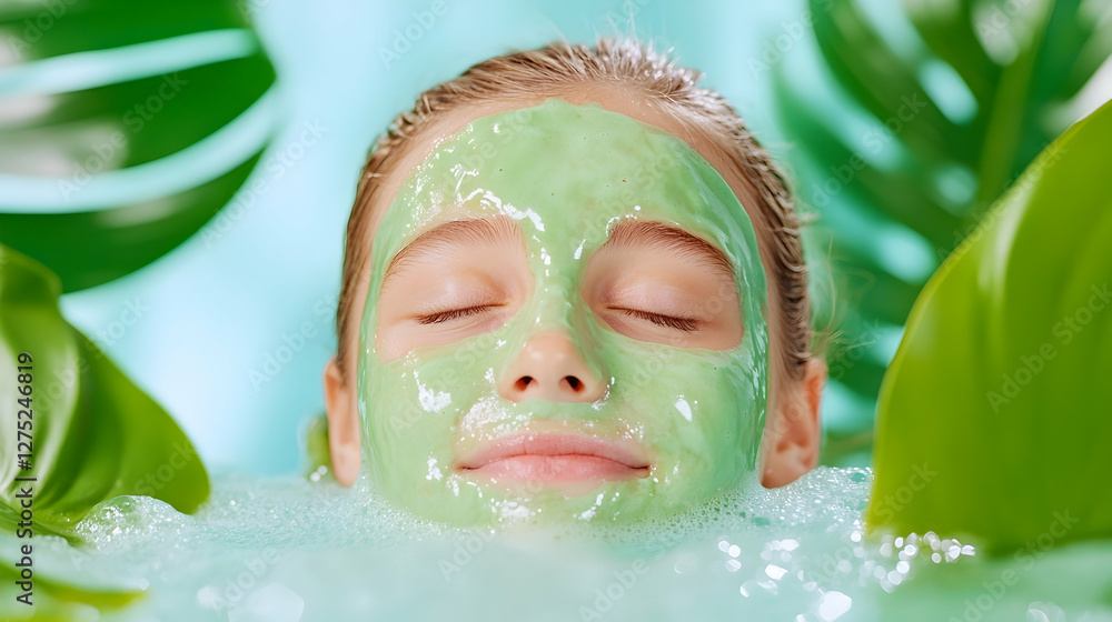 Girl relaxing with face mask, spa day, lush greenery Girl relaxing with face mask, spa day, lush greenery
